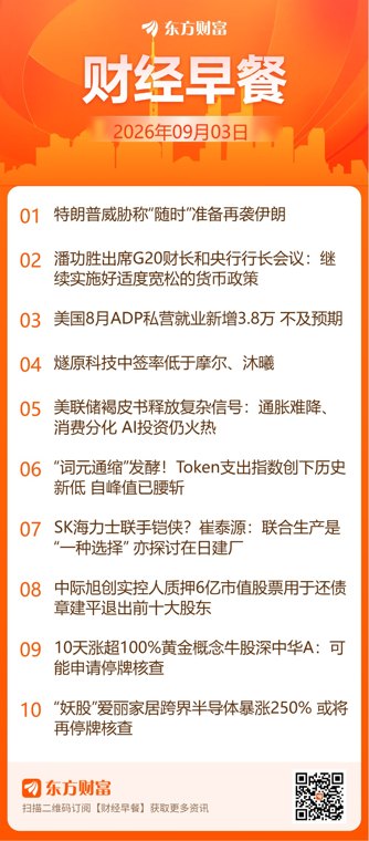 东方财富财经早餐 9月3日周四